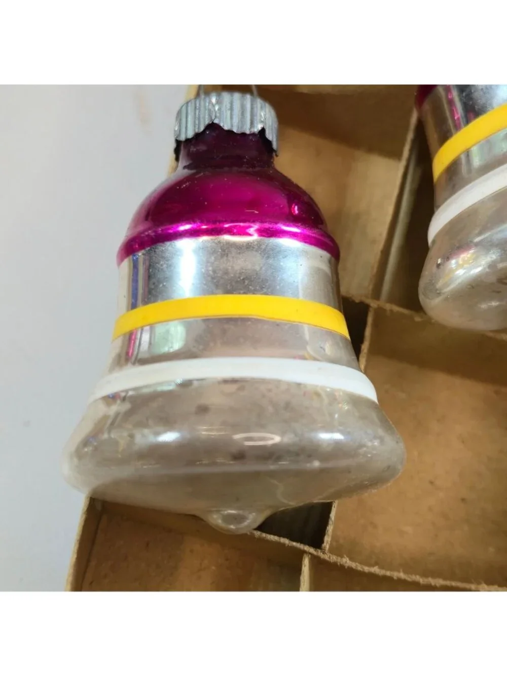 Vintage Shiny Brites Bell Ornaments lot of 3 Mercury Glass pink yellow silver